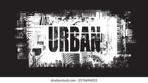 vector phrase urban, street art in grunge style on background of spots and geometric shapes from elements of big city architecture. suitable for logo, t-shirt design