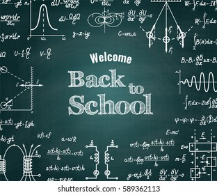 Vector physical Back to School green chalkboard background with different signs, figures, formulas and graphs of functions