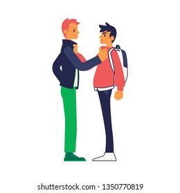 Vector physical conflict concept with two young men with angry facial expression grabbing each others collars. Male characters acting with violence. Isolated illustration