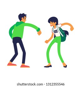Vector physical conflict concept with young man and woman with angry facial expression using their fists to punch each other. Male, female characters acting with violence. Isolated illustration