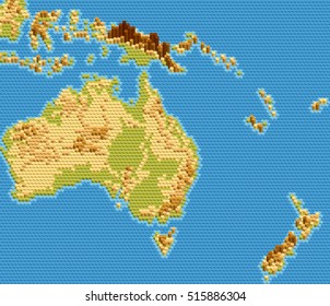 Vector physical map of Australia and Oceania stylized using embossed hexagons. Colored according to relief.