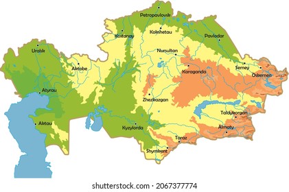 Vector physical map of Kazakhstan. State in Central Asia, territory with mountains, rivers, steppes and valleys. Caspian Sea.
