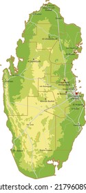 Vector physical map of Qatar. Mountains and plains of the Asian state. Territory with borders of regions and roads.
