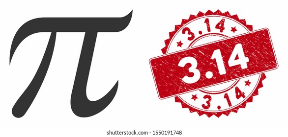 Vector pi symbol icon and corroded round stamp seal with 3.14 caption. Flat pi symbol icon is isolated on a white background. 3.14 stamp seal uses red color and rubber design.