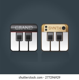 Vector piano icons for music software, grand piano and synthesizer, eps10 