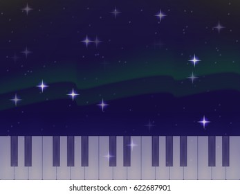 vector piano keys on the background of the Northern lights. bright stars. the night sky