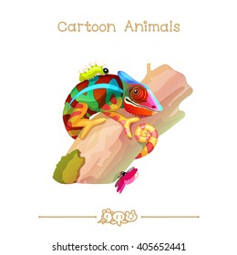 vector pic series Cartoon Animals. Amusing Animals. Colorful chameleon on the tree. Clip art isolated on transparent background. EPS10 without mesh