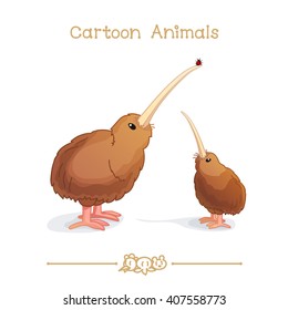 vector pic series Cartoon Animals. Amusing Animals. New Zealand wingless kiwi bird adult and baby looking up on little red bug. Clip art isolated on transparent background. EPS10 without mesh