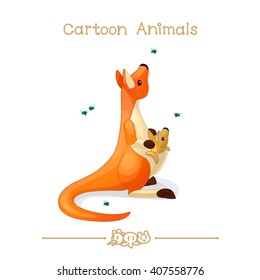 vector pic series Cartoon Animals. Amusing Animals. Australian Mama Red Kangaroo with cub in bag looking up on the cute flys. Clip art isolated on transparent background. EPS10 without mesh