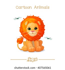vector pic series Cartoon Animals. Amusing Animals. African lovely king lion surrounded by dragonflies. Clip art isolated on transparent background. EPS10 without mesh