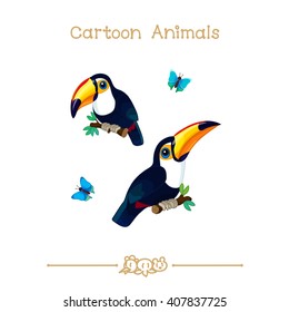 vector pic series Cartoon Animals. Amusing Animals. Toco toucans with branch trees and blue butterflys. Clip art isolated on transparent background. EPS10 without mesh