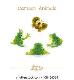 vector pic series Cartoon Animals. Amusing Animals. Three toads and green butterfly. Clip art isolated on transparent background. EPS10 without mesh
