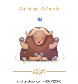 Vector Pic Series Cartoon Animals. Amusing Animals. Tibetan Yak Meditating In Dandelions. Clip Art Isolated On Transparent Background. EPS10 Without Mesh