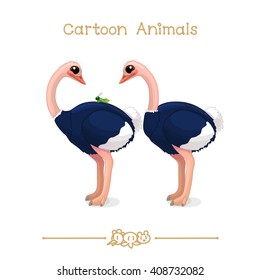 vector pic series Cartoon Animals. Amusing Animals. African ostriches and grasshopper. Clip art isolated on transparent background. EPS10 without mesh   