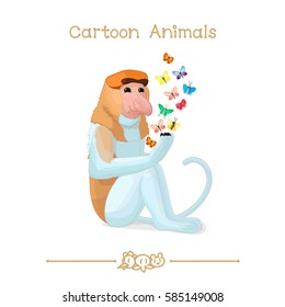 vector pic series Cartoon Animals. Amusing Animals. Proboscis monkey butterflies. Clip art isolated on transparent background. EPS10 without mesh