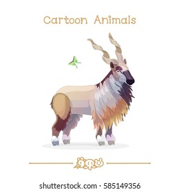 vector pic series Cartoon Animals. Amusing Animals. Markhor and butterfly. Clip art isolated on transparent background. EPS10 without mesh