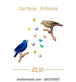 vector pic series Cartoon Animals. Amusing Animals. Blue-black grassquit and many butterflies. Clip art isolated on transparent background. EPS10 without mesh
