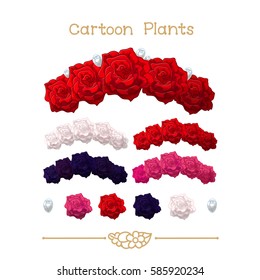 vector pic series Cartoon Plants. Rose Flower crown set. Red, pink, white, black blue. Clip art isolated on transparent background. EPS10 without mesh