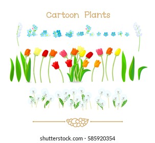 vector pic series Cartoon Plants. Spring tulips flowers, dandelions and Forget-me-not
, set. Clip art isolated on transparent background. EPS10 without mesh