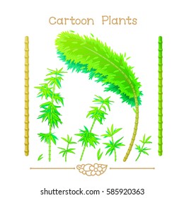 vector pic series Cartoon Plants. Green brown bamboo stalks, stems with leaves. Jungle forest trees set. Sprouts branch. Clip art isolated on transparent background. EPS 10 without mesh 