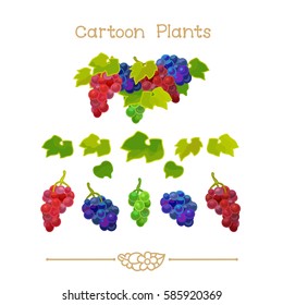 vector pic series Cartoon Plants. Grapevine clusters with green leafs set. Clip art isolated on transparent background. EPS10 without mesh    

