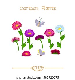 vector pic series Cartoon Plants. Autumn asters set. Colorful flowers, matsumoto aster (Callistephus chinensis). Pink, purple, burgundy, white. Clip art isolated on transparent background. EPS10