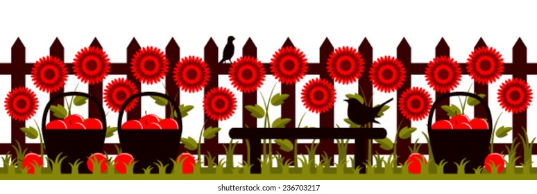 vector picket fence with flowers and baskets of apples