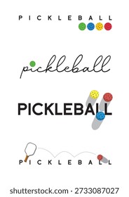 Vetor de tipografia de redação de letras de pickleball com palavras de pickle ball, paddle e bolas.