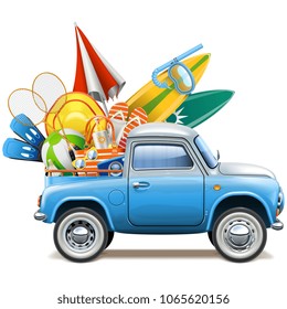 Vector Pickup Truck with Beach Accessories isolated on white background