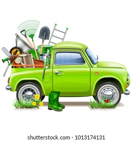 Vector Pickup Truck with Garden Accessories isolated on white background