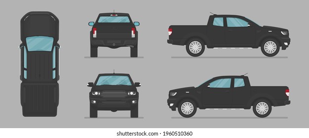 Vector pickup truck. Side view, front view, back view, top view. Cartoon flat illustration, car for graphic and web