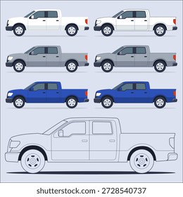 Ilustraciones de vista lateral de camioneta de Vector con estilo plano limpio, múltiples variaciones de color, ideal para proyectos de automoción, logística, interfaz de usuario, infografía y diseño técnico. Vector EPS totalmente editable.