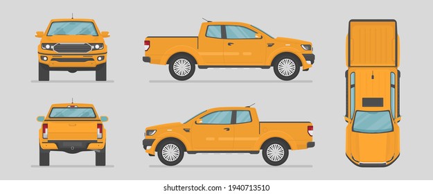 Vector pickup truck. Yellow car from different sides. Side view, front view, back view, top view. Cartoon car in flat style.