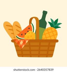Vector Picnic Basket with Exotic Fruits, Cheese, and Wine. Flat Style Illustration