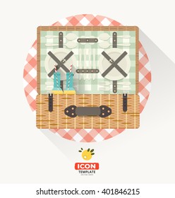 Vector picnic basket icon in flat style. Family picnic card. Food and pastime illustration. Barbecue sign. Design elements of invitation card with tartan tablecloth pattern.