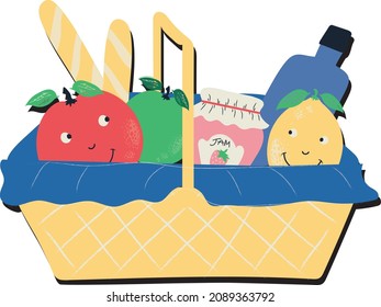 Diseño de impresión de cestas de picnic vectorial con baguettes, mermelada, fruta y bebida.