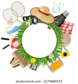 Vector Picnic Concept with Round Label isolated on white background