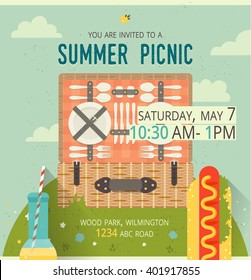 Vector picnic glade card. Food and pastime illustration. Flat. Barbecue items. Design of invitation family card with spring nature. Creative banner with picnic basket on sky background with clouds.