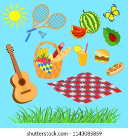 Vector picnic set: basket, blanket, food, guitar, badminton, ball, watermelon, snack, juice, butterfly, ladybug, on blue background