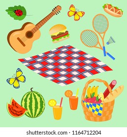 Vector picnic set: food basket, blanket, juice, watermelon, guitar, badminton, isolate on white background
