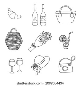 Conjunto de picnic vectorial con ilustraciones gráficas aisladas: croissant, botella, bolso, cesta, flor, cóctel, vidrio, sombrero, cámara. Buena ilustración para icono, emoticones, patrón.
