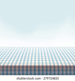 Vector Picnic Table Covered With Tablecloth On Blue Background.