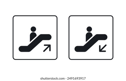 Vector pictogram isolated on white background. Up and down escalator icons. Transporation direction signs.