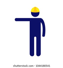 Vector pictogram man wearing yellow hard hat giving signal with his right hand on white background