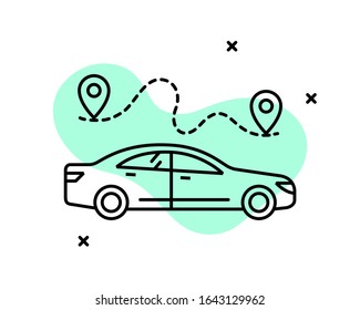 Vector pictogram on the theme of transport, travel, car rental or road trip on a sedan. Linear car icon. Image of a taxi ride with a route.