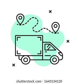 Vector pictogram on the theme of transport, cargo transportation, relocation, delivery and logistics with a small truck. Linear image of a cargo van route. Icon for trucking industry.