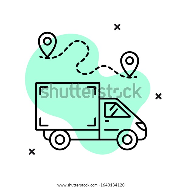 Vector\
pictogram on the theme of transport, cargo transportation,\
relocation, delivery and logistics with a small truck. Linear image\
of a cargo van route. Icon for trucking\
industry.