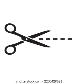 vector pictogram of scissors and cutting line, black silhouette icon