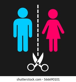 Vector pictogram of separation of heterosexual couple - divorce or breakup of love relationship. Conflict between boyfriend / husband and girlfriend / wife leading to termination and end of love