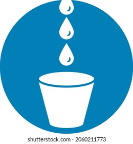 Vector pictogram symbolizing a fountain. On a circle with a blue background, drops of water fall into a white cup.